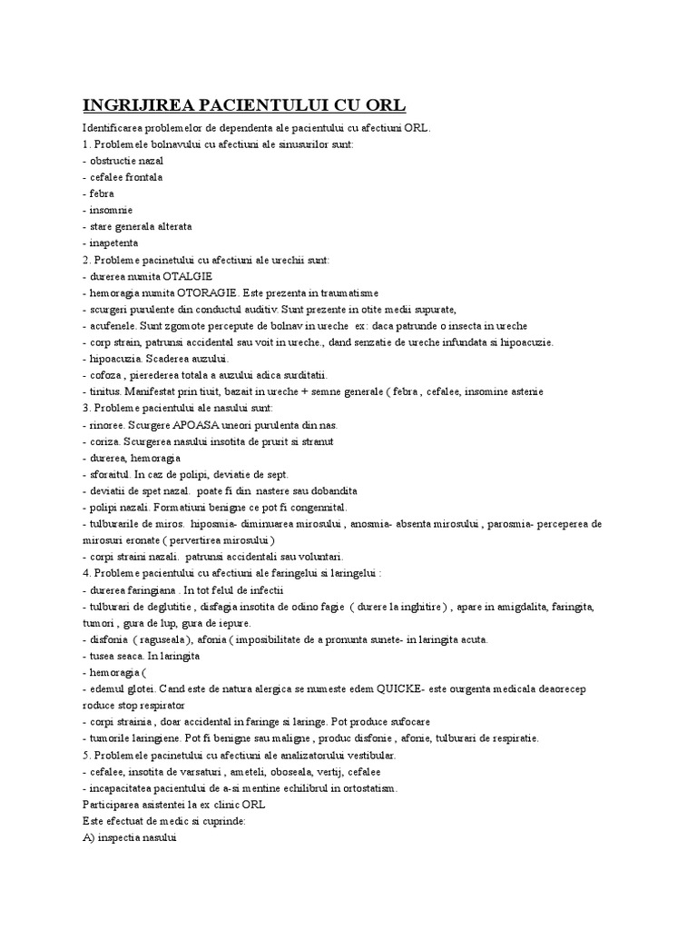 Ingrijirea Pacientului Cu Orl | PDF