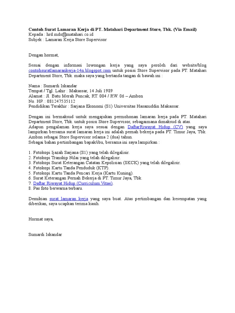 Contoh Surat Lamaran Kerja Di Pt