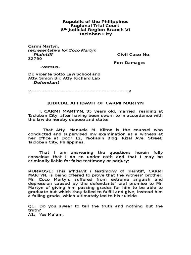 Sample Judicial Affidavit of Complainant Perjury Common Law