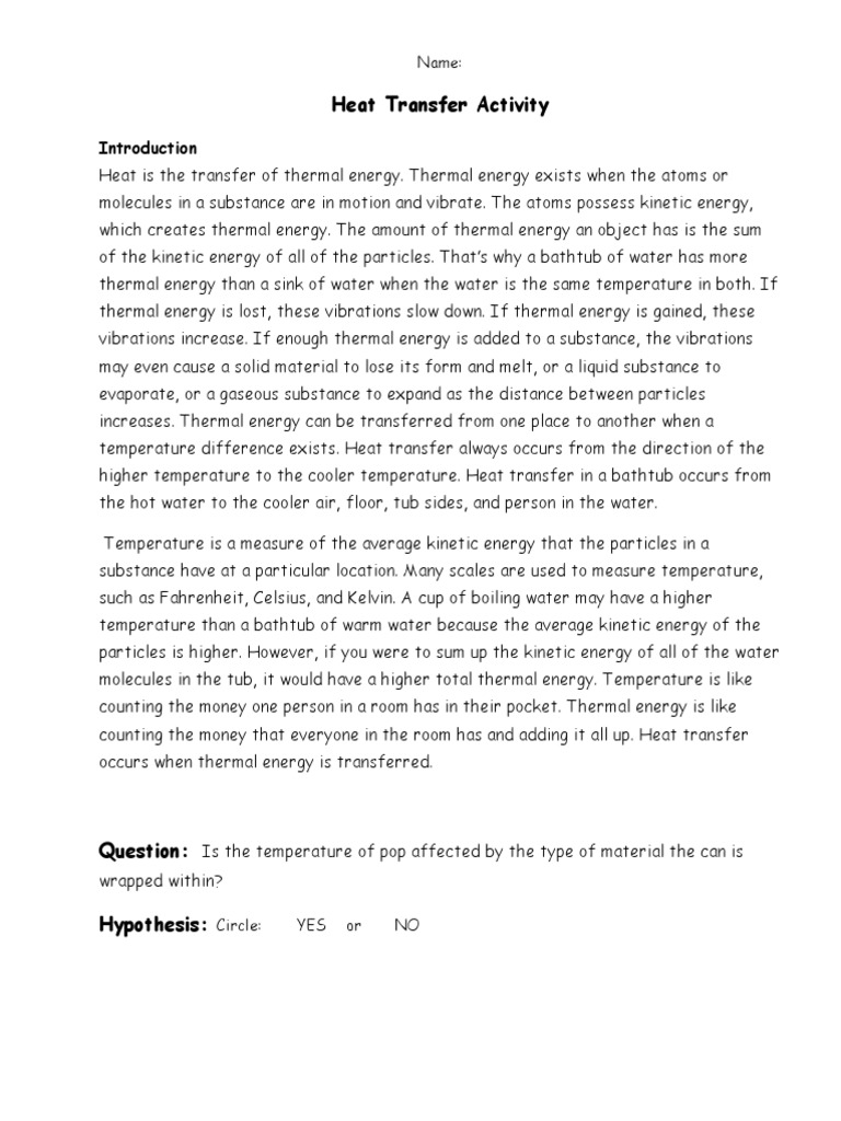 Heat Transfer Activity Sheet PDF Temperature Heat Transfer