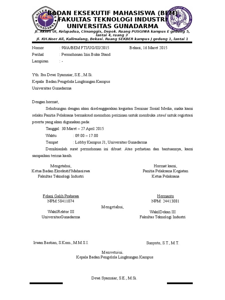 Contoh Surat Izin Buka Stand Regist