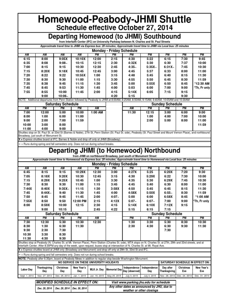 Homewood JHMI Shuttle Schedule PDF Transport Business