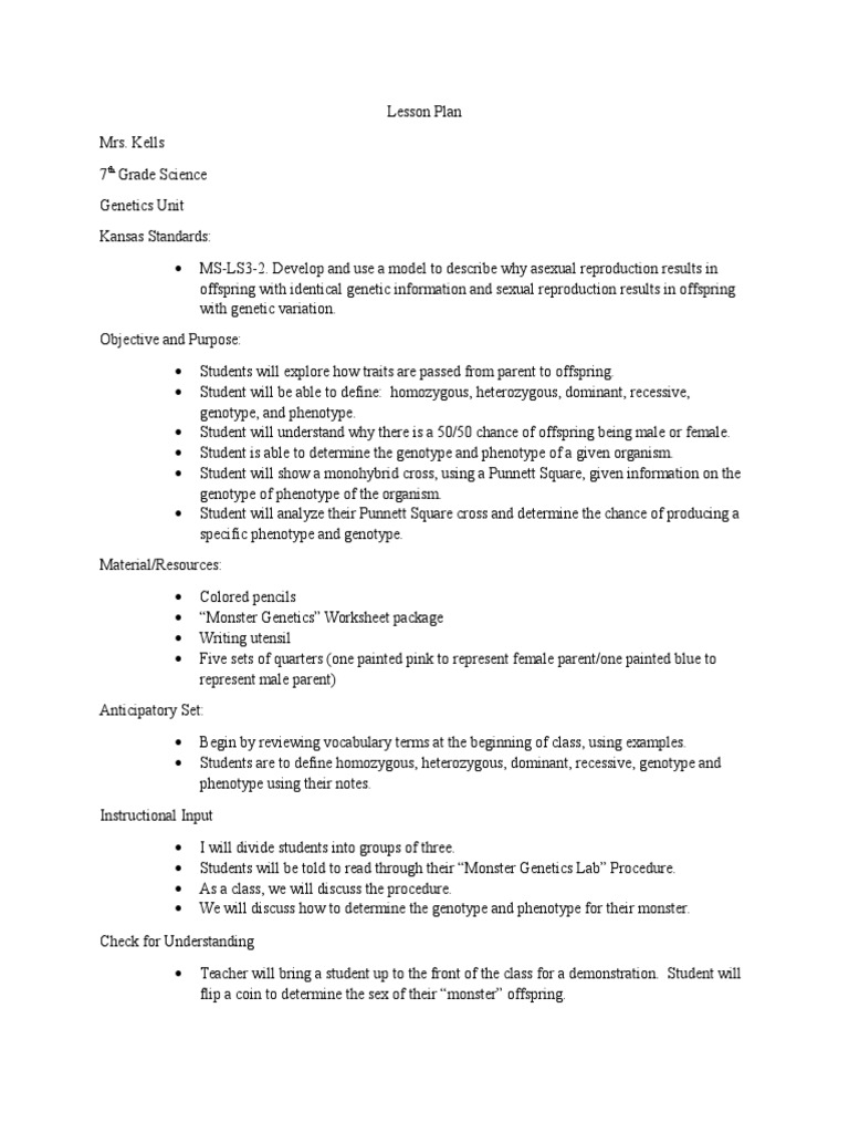 Lesson Plan Monster Genetics | PDF | Genotype | Zygosity