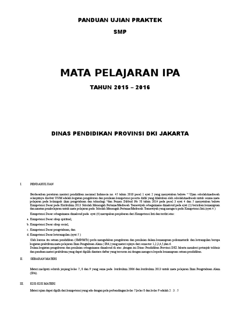 Panduan Ujian Praktek Ipa Smp Dki Jakarta 2016