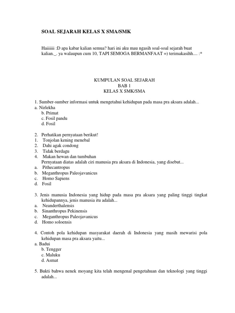 Soal Sejarah Kelas X Sma