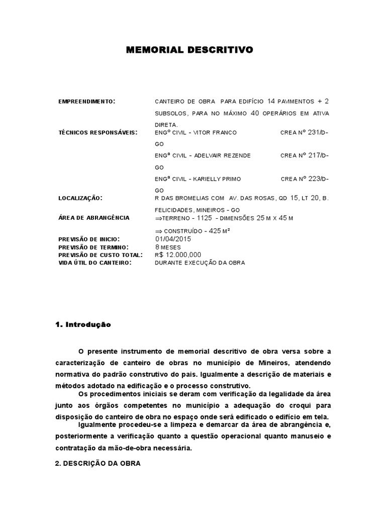Memorial Descritivo de Canteiro de Obra | PDF | Construção | Materiais ...