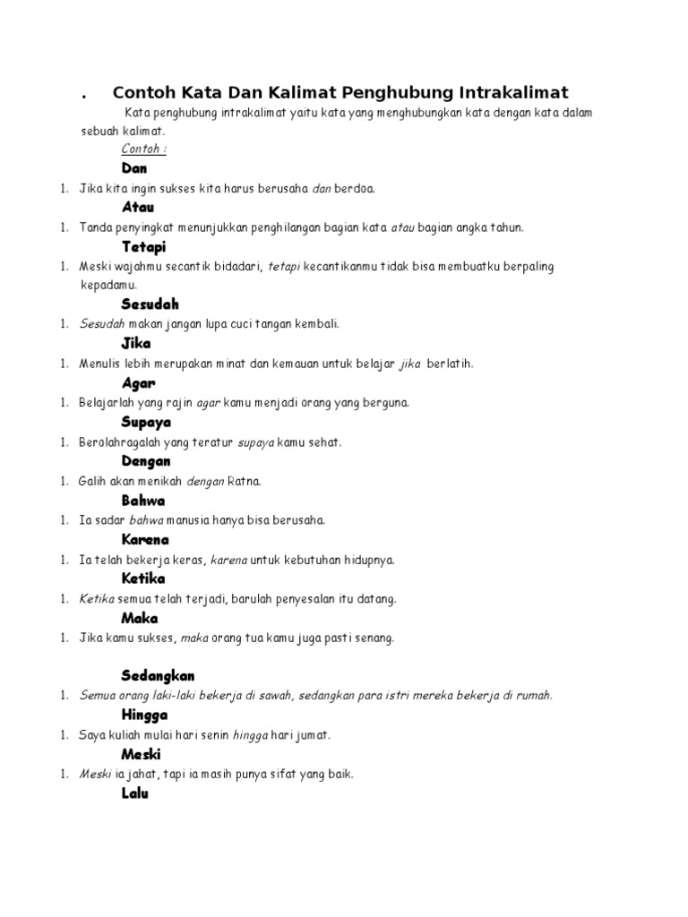 Contoh Kata Dan Kalimat Penghubung Intrakalimat