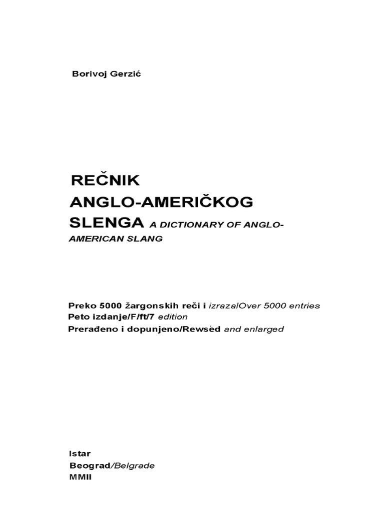 Borivoj Gerzić Rečnik Anglo Američkog Slenga PDF 