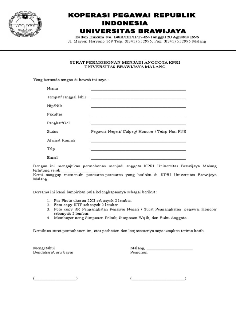 Surat Permohonan Pengunduran Diri Dari Keanggotaan Koperasi