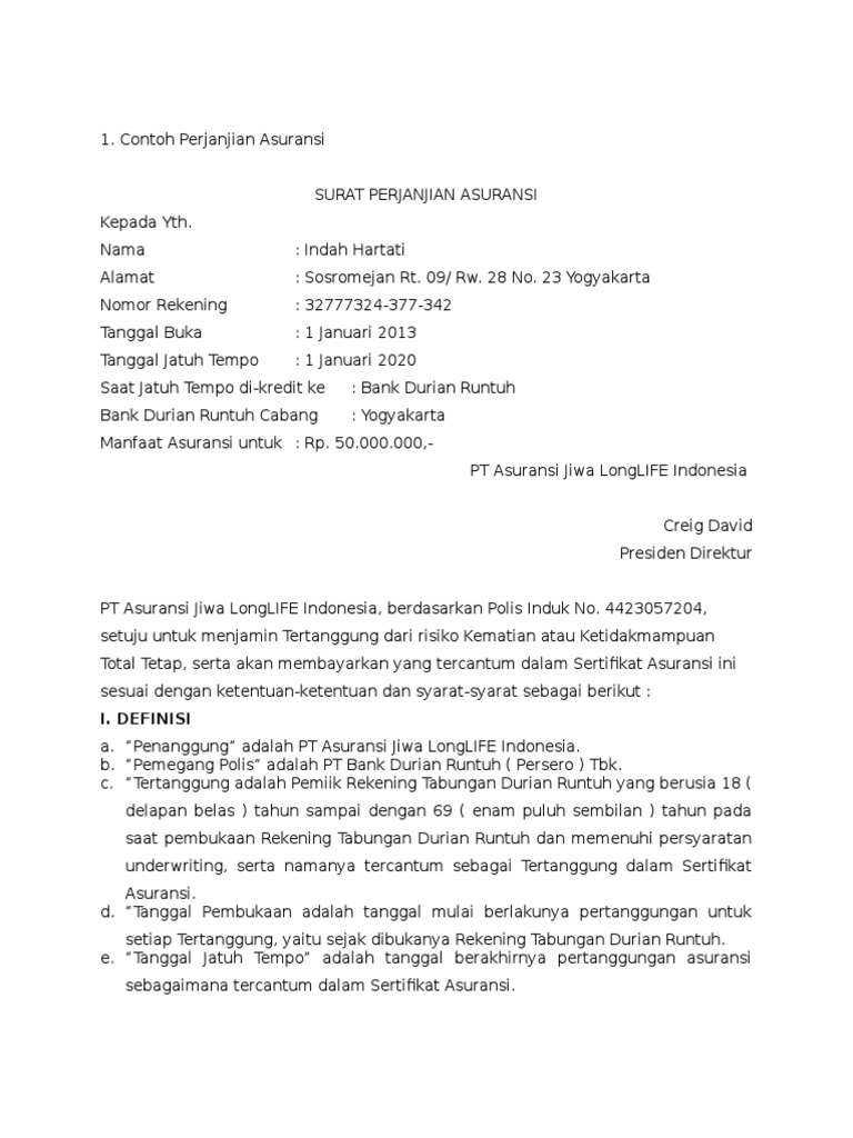 Contoh Surat Perjanjian Asuransi (1)