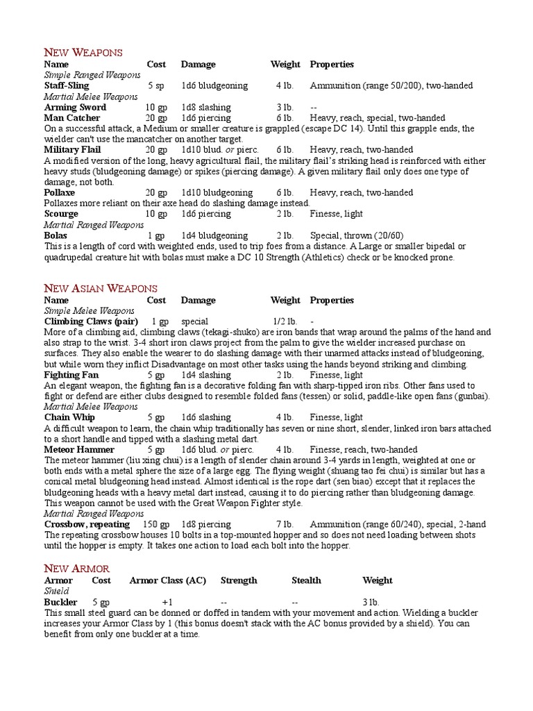 New D&D 5E Weapons and Armor List | PDF | Melee Weapons | Military ...