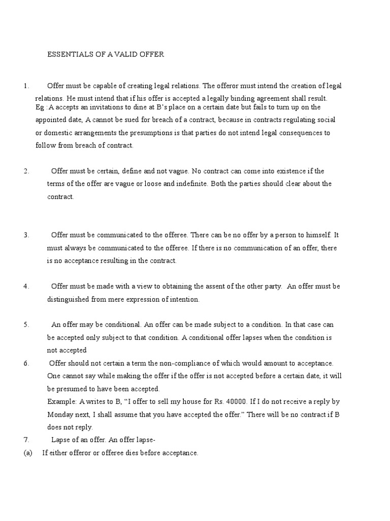 Essentials of a valid offer pdf offer and acceptance legal ethics