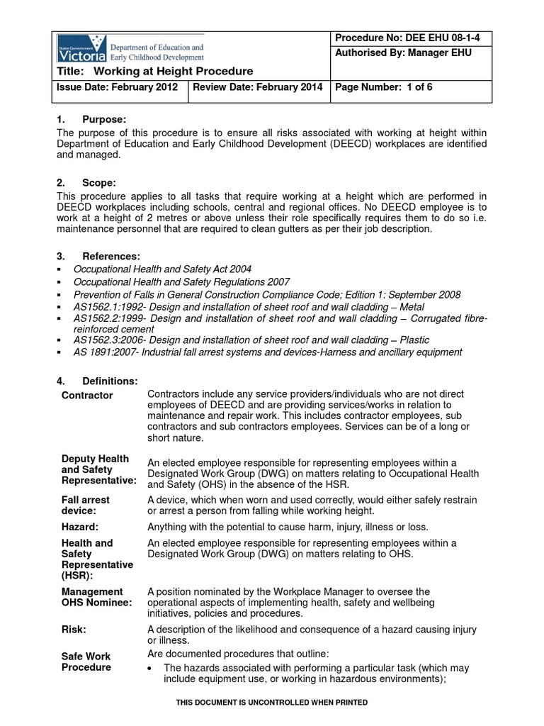 Safe Work Procedure for Heights | PDF | Occupational Safety And Health ...