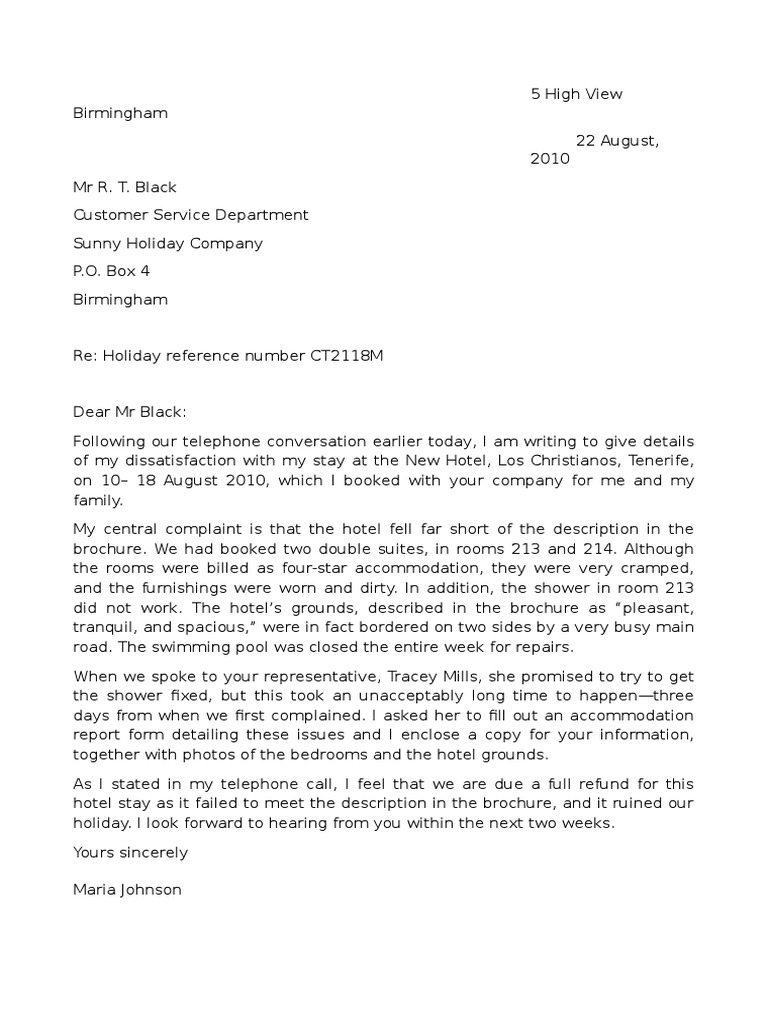 Write a letter to a travel agent expressing your dissatisfaction picture