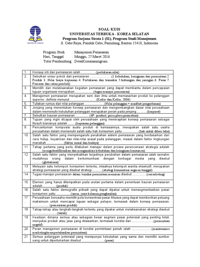 SOAL KUIS &amp; Jawaban manajemen pemasaran.pdf