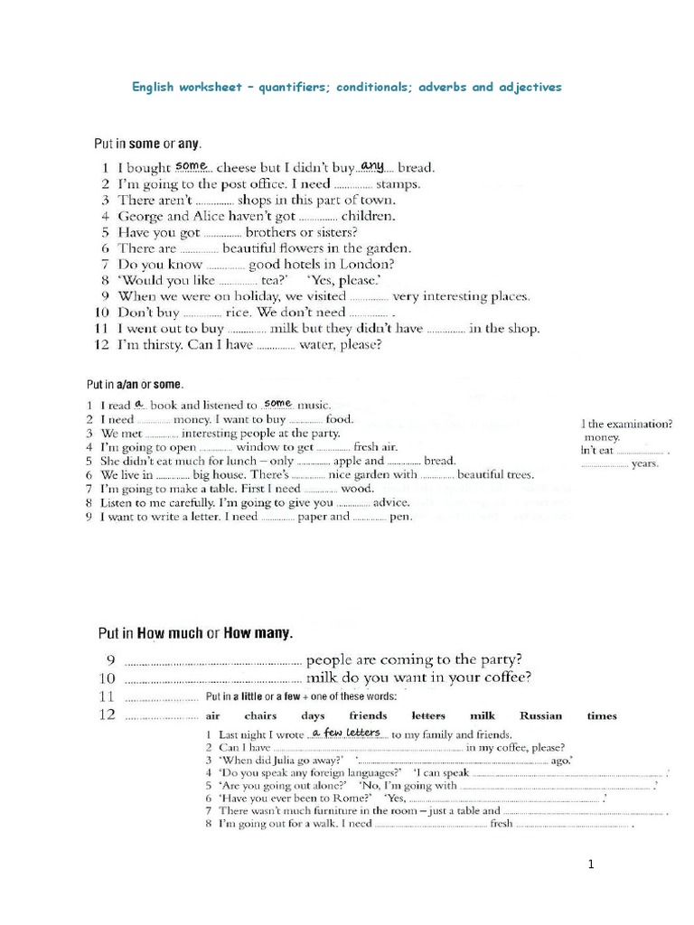 English Worksheet - Quantifiers Conditionals Adverbs and Adjectives ...