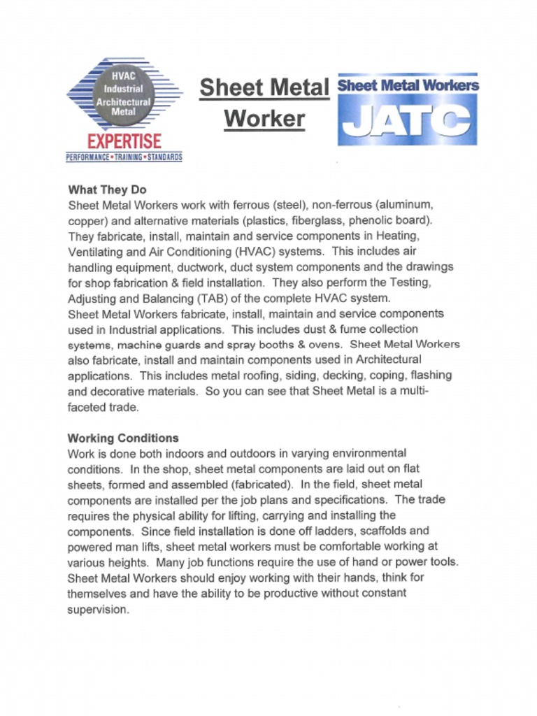 Sheet Metal 33 Job Description PDF Labor Employment