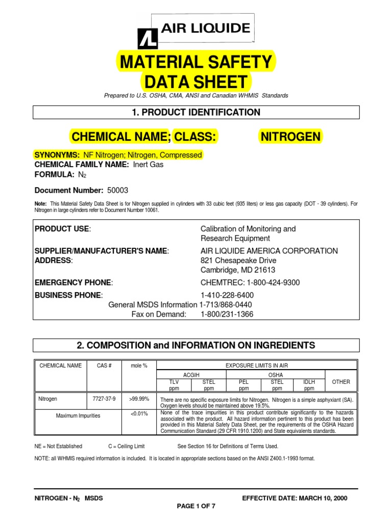 Nitrogen MSDS PDF | PDF | Dangerous Goods | Oxygen