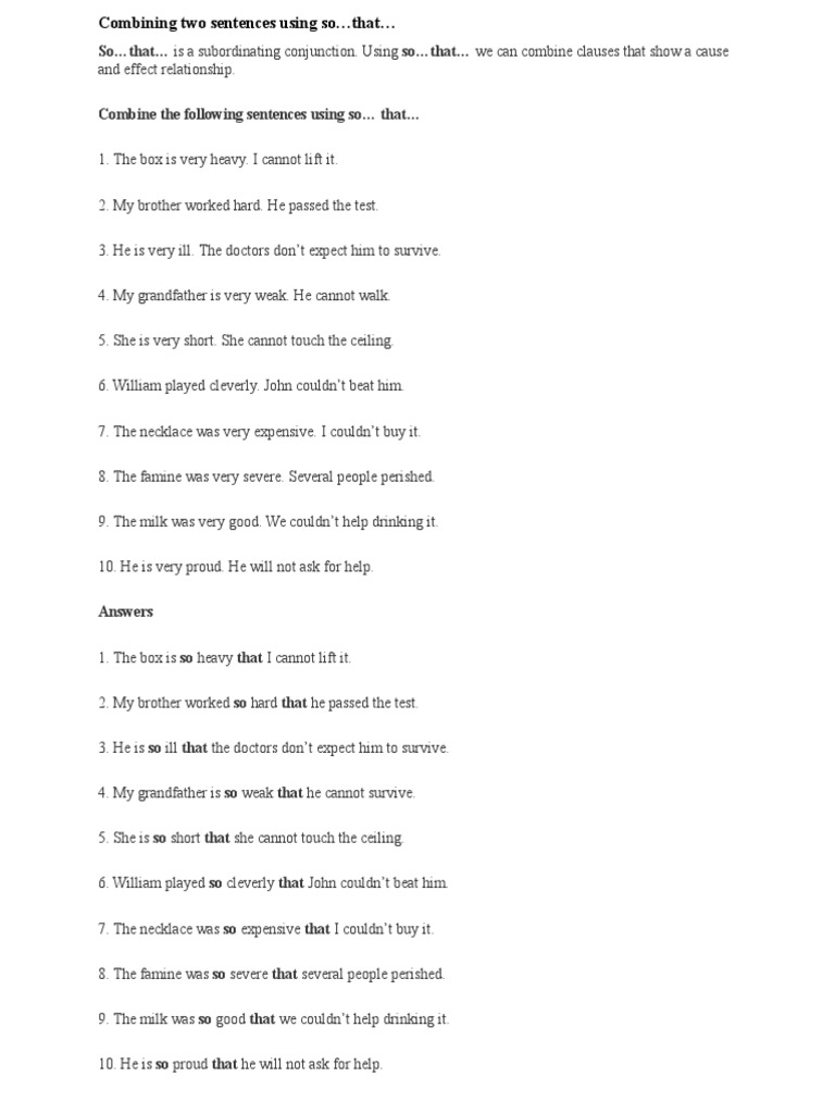 Combining Sentences with So…That | PDF | Language Arts & Discipline ...