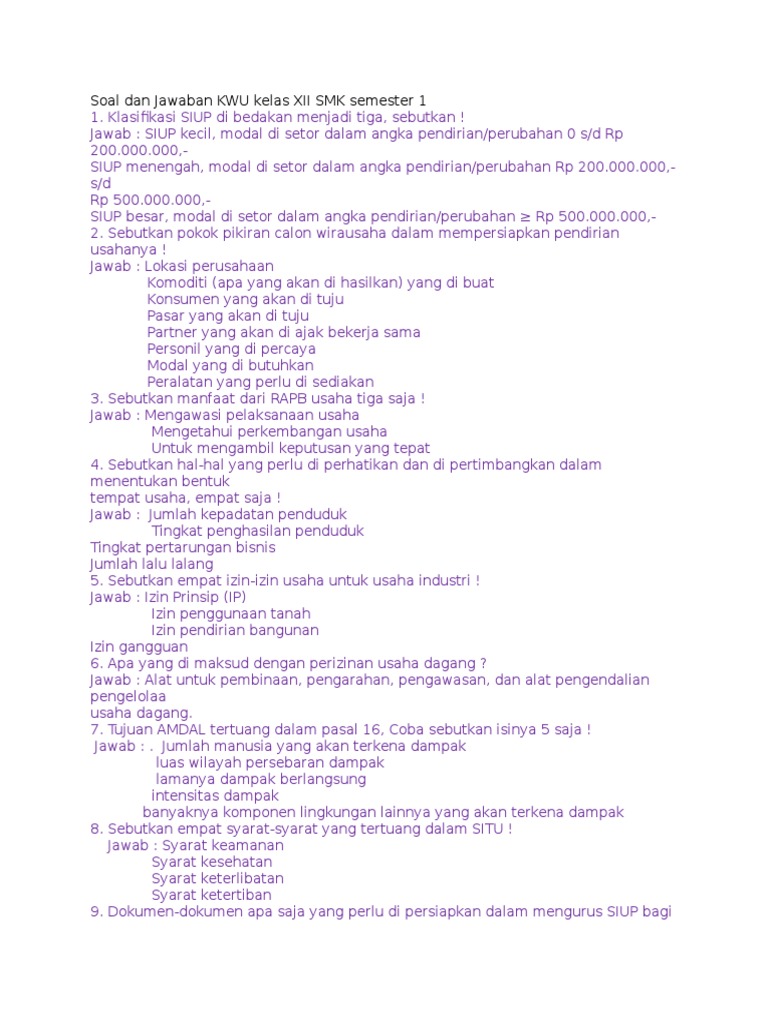 Soal Dan Jawaban Kwu Kelas Xii Smk Semester 1 Docx