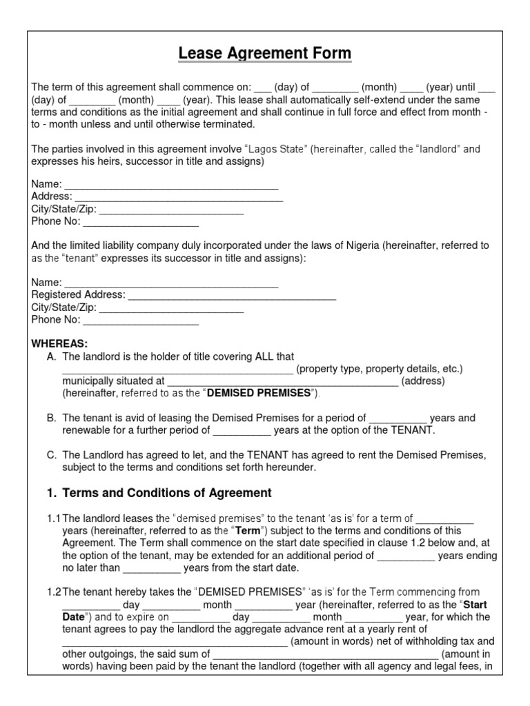 sample lease agreement form between state and company leasehold