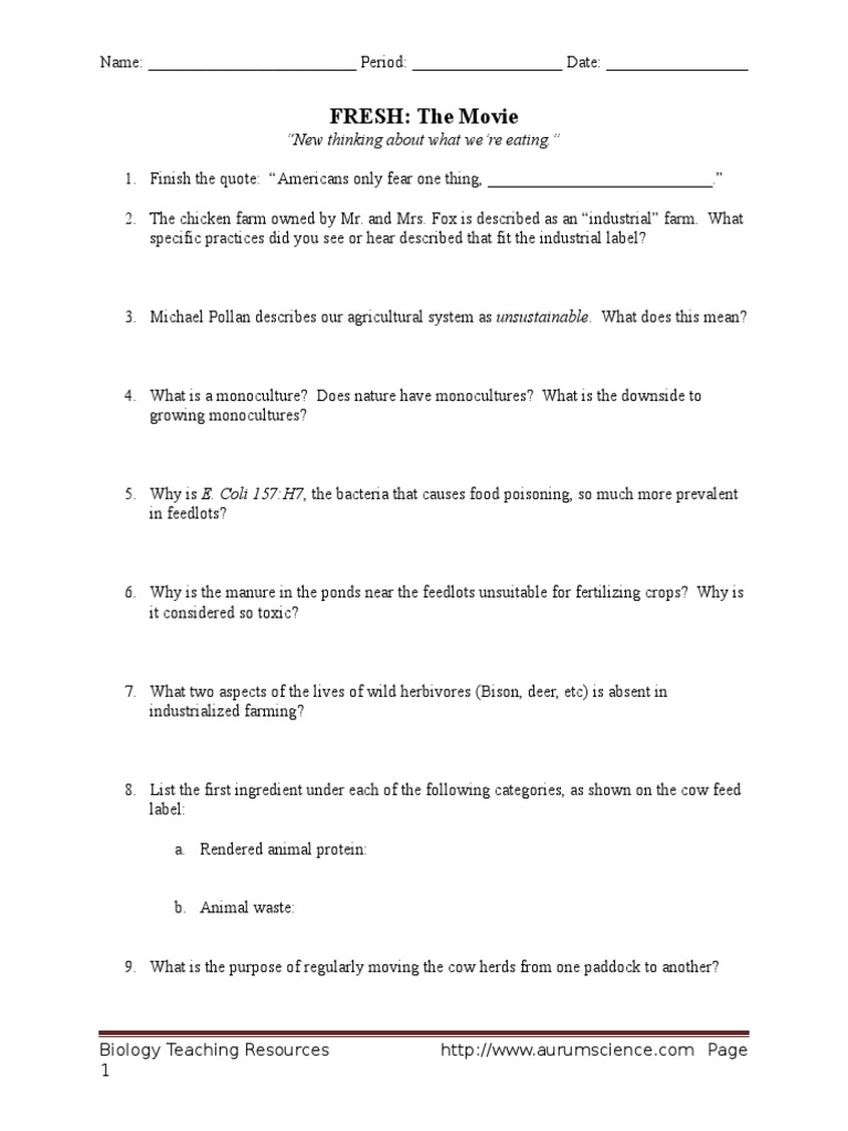 Fresh Movie Worksheet  Manure  Cattle Within Food Inc Movie Worksheet Answers