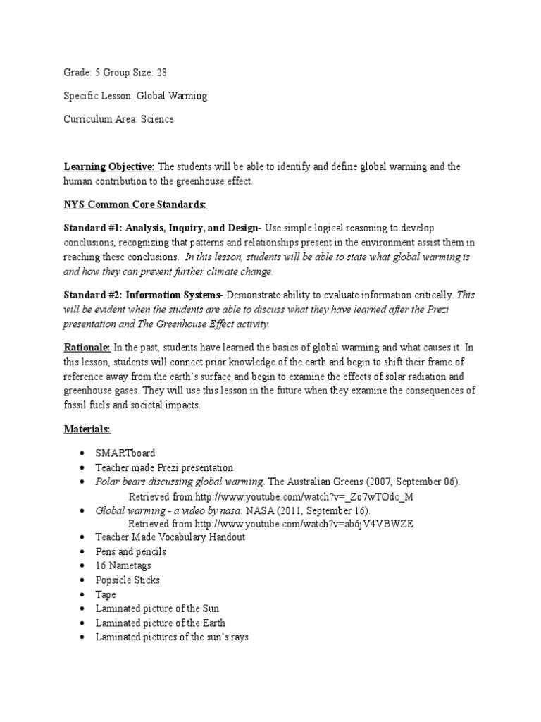 Global Warming Lesson Plan | PDF | Greenhouse Effect | Global Warming