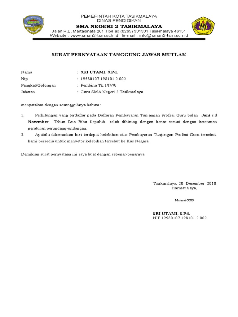 Surat Pertanggung jawaban mutlak