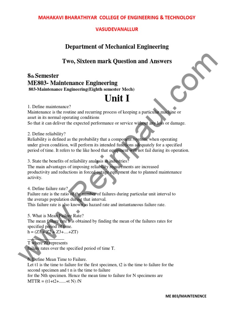 Maintenance Engineering Q&A Guide | PDF | Reliability Engineering ...