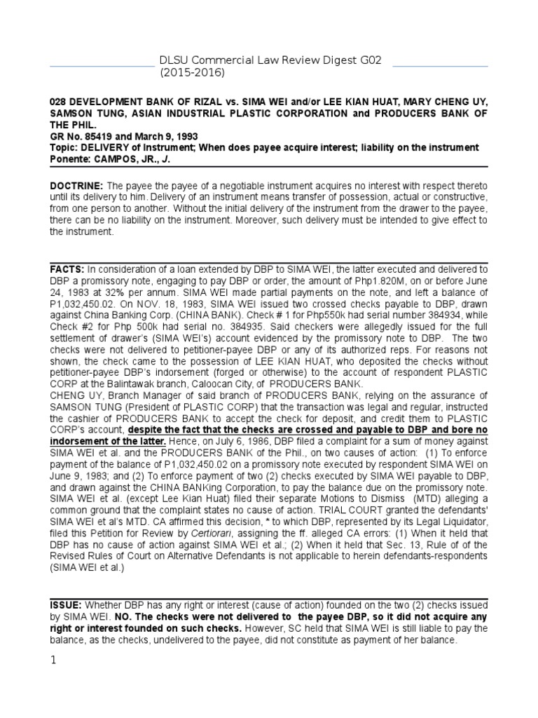 DBP vs. Sima Wei: Check Liability Ruling | PDF | Negotiable Instrument ...