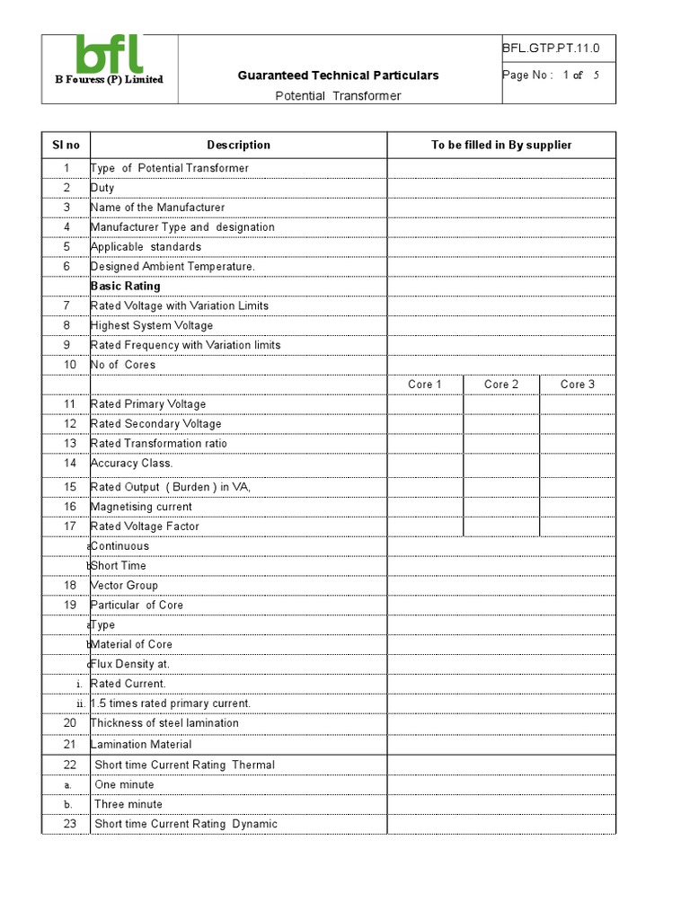 Guranteed Technical Particulars of Potential Transformer Format