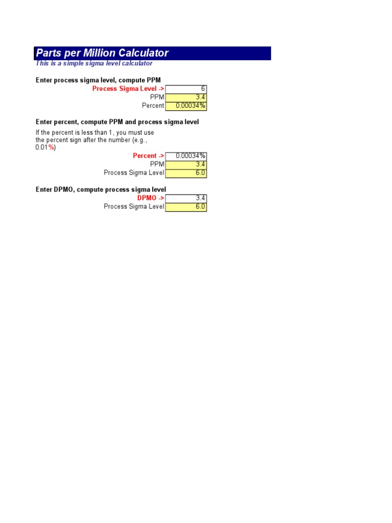 Parts Per Million Calculator Process Sigma Level PDF