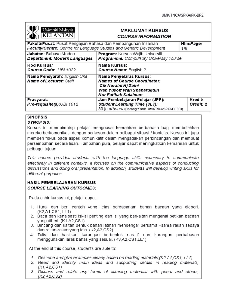 Ubi 1022 English 2 Course Outline 2016 Pdf