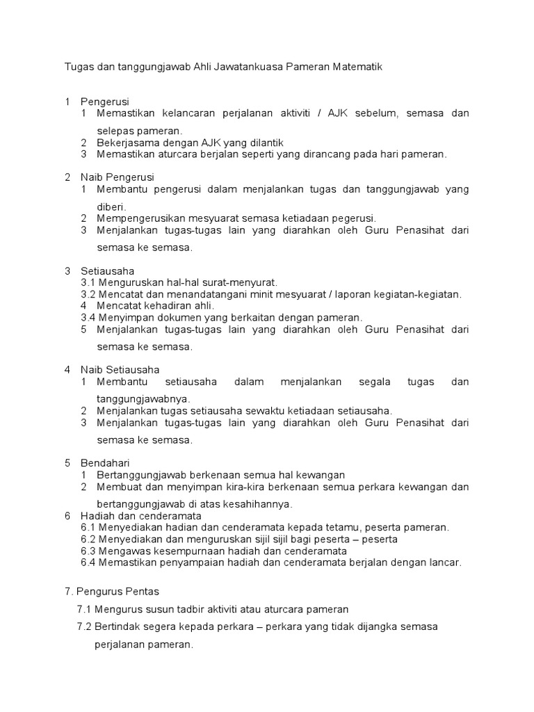 Tugas Dan Tanggungjawab Ahli Jawatankuasa Pameran Matematik Pdf