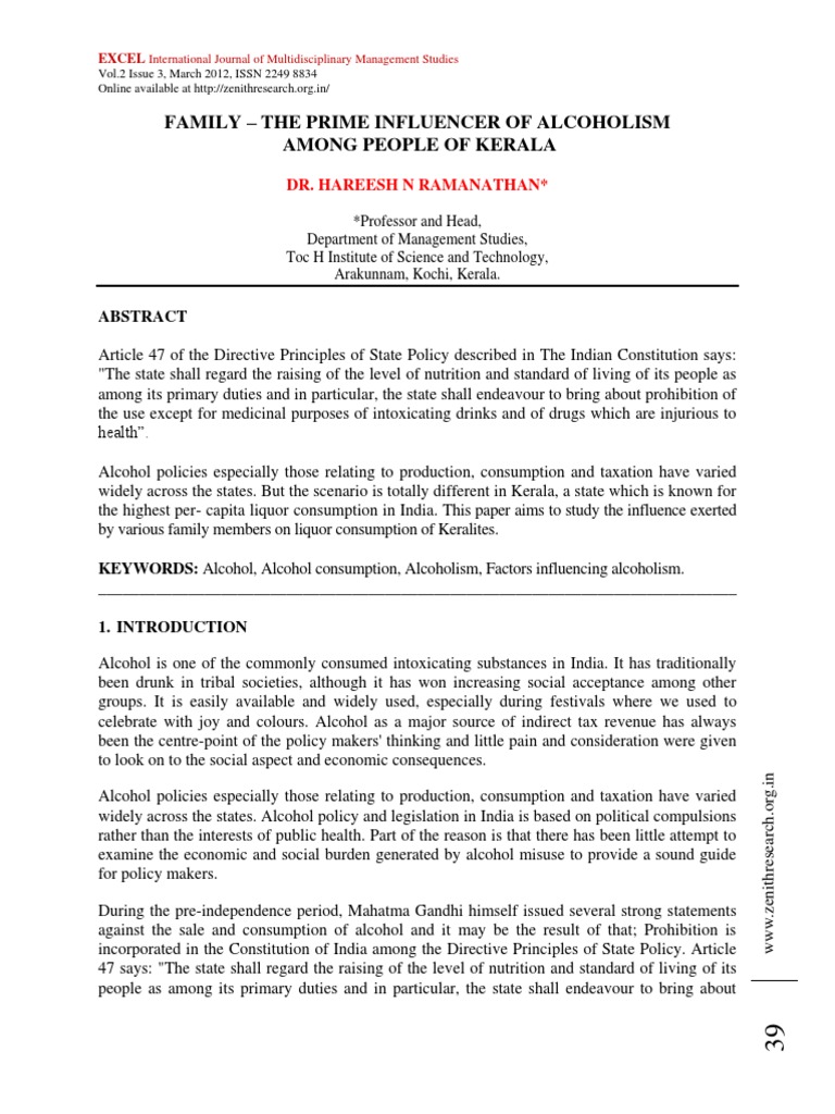Family Influence on Alcoholism in Kerala | PDF | Student's T Test ...