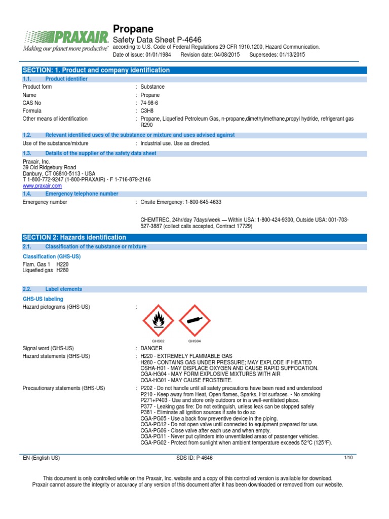 Liquefied Petroleum Gas C3H8 Safety Data Sheet SDS P4646 Explosive