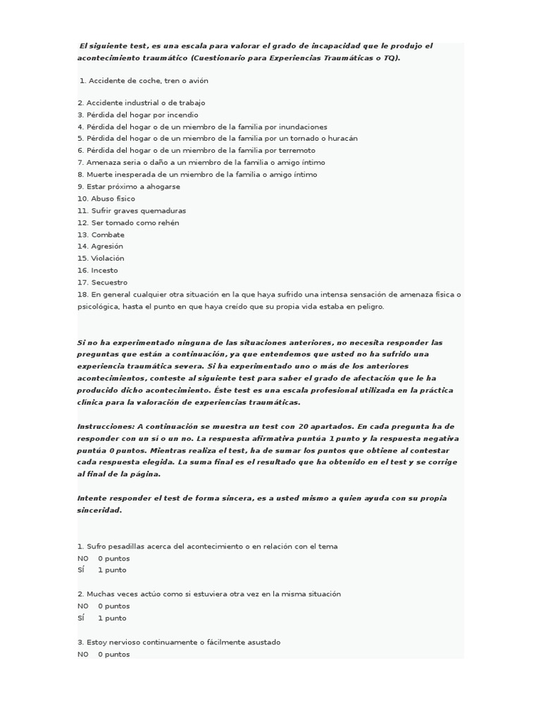 Cuestionario para Experiencias Traumaticas o TQ Cuestionario Ciencias del comportamiento