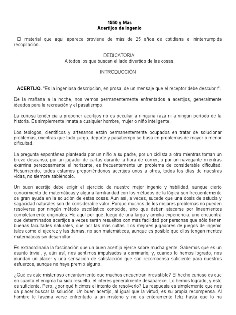 5 Hermanas Estan Ocupadas En Una Habitacion Acertijo 1550 y Mas Acertijos de Ingenio Escogidos | PDF | Ajedrez | Jugando a las  cartas