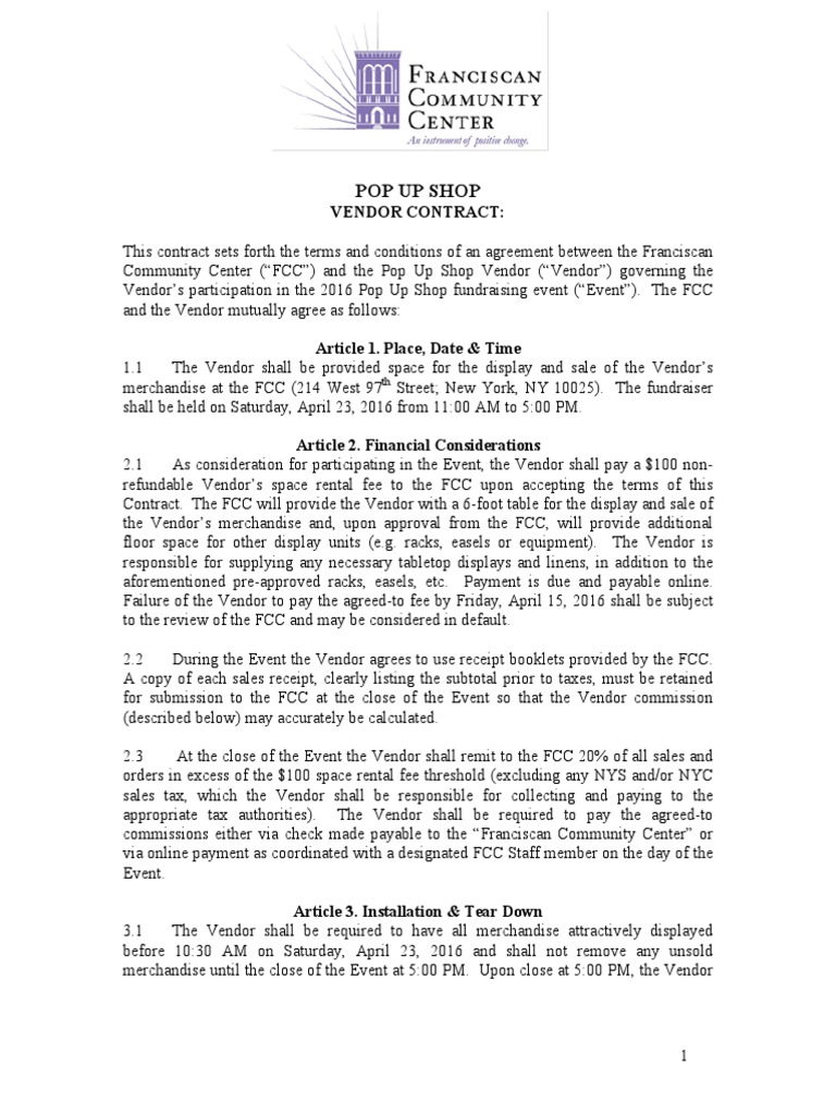 Pop Up Shop Vendor Contract 2016 | PDF | Receipt | Federal ...