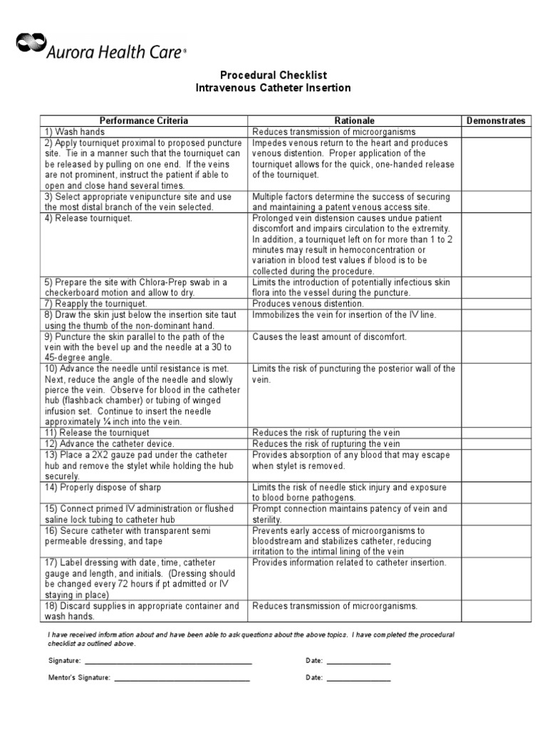 IV Insertion Checklist Competency Intravenous Therapy Health Sciences
