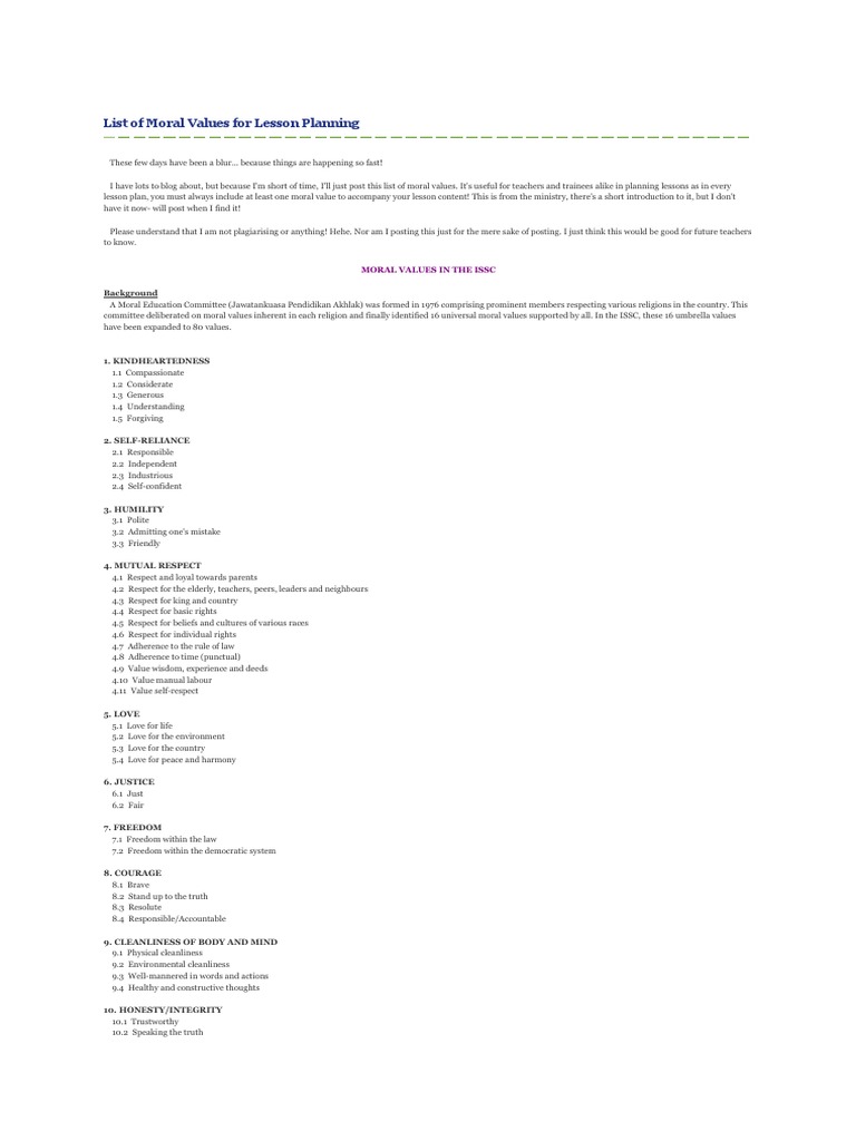 Lists of Moral Values For Teaching | PDF | Lifestyle