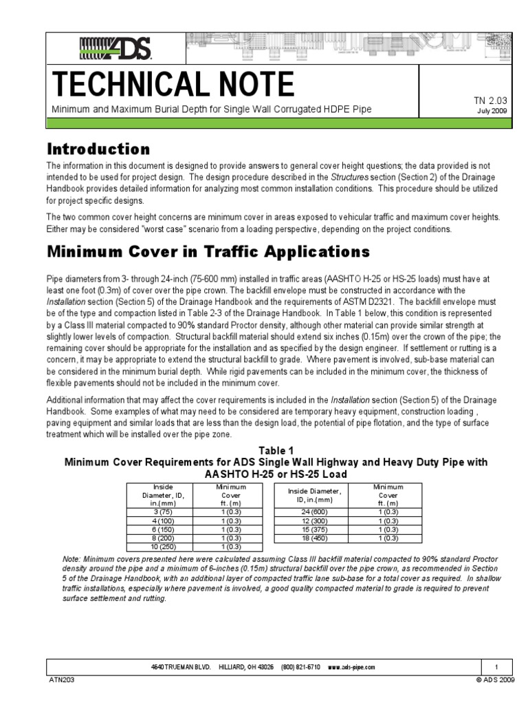 ADS Single Wall HDPE Pipe MinMax Cover Heights Road Surface Pipe