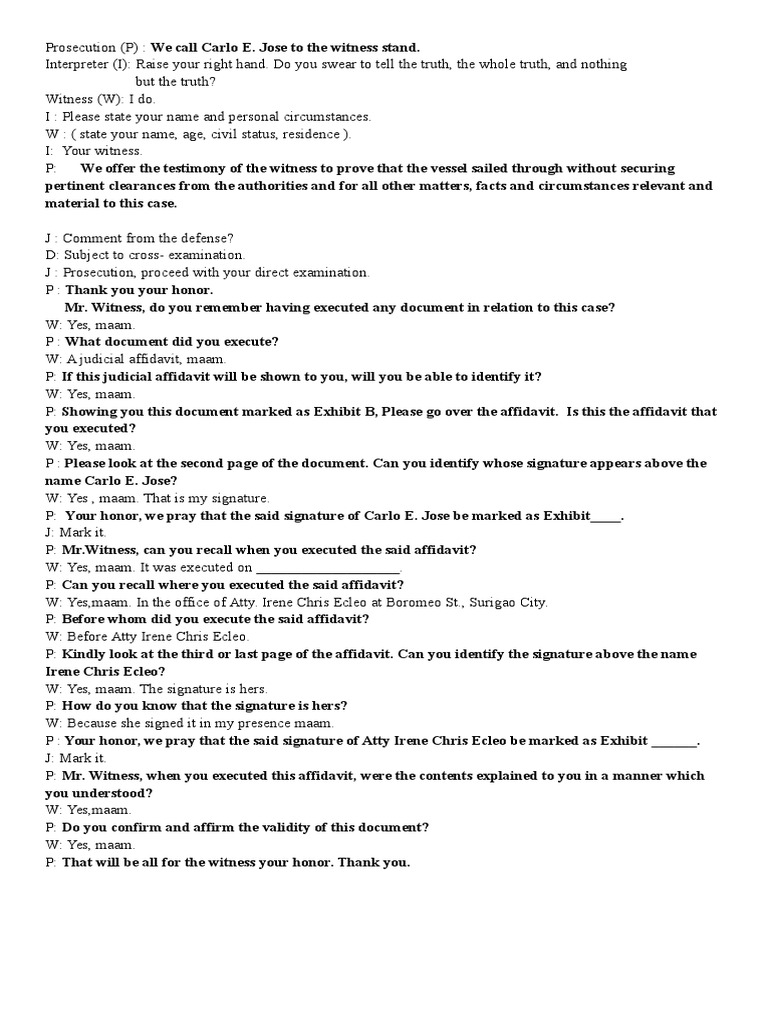 Direct Examination Script Example | PDF | Witness | Affidavit