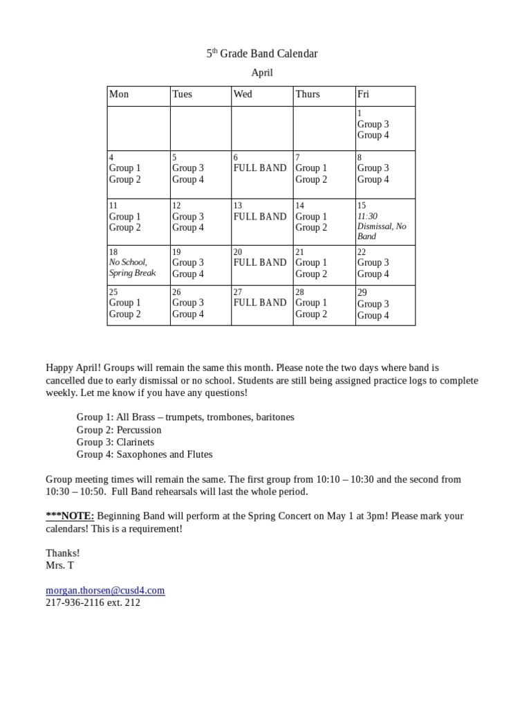 5th Grade Band April Schedule | PDF | Art