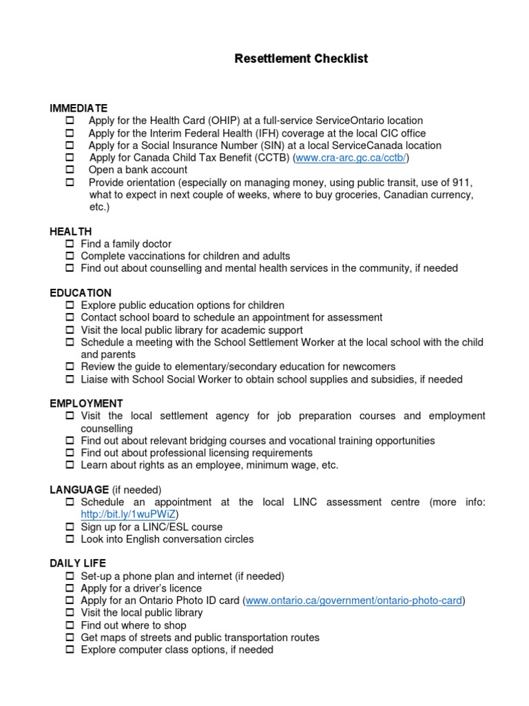 Resettlement Checklist WWW CraArc Gc.ca/cctb PDF