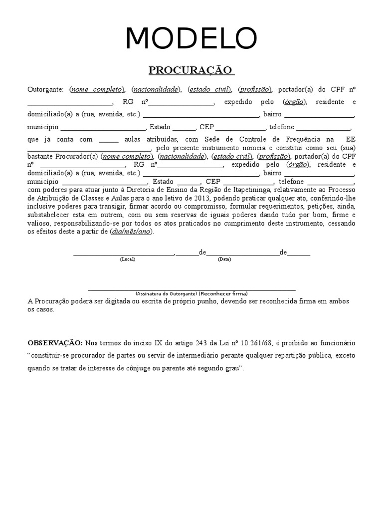 Procuração modelo para atribuição de aulas | PDF