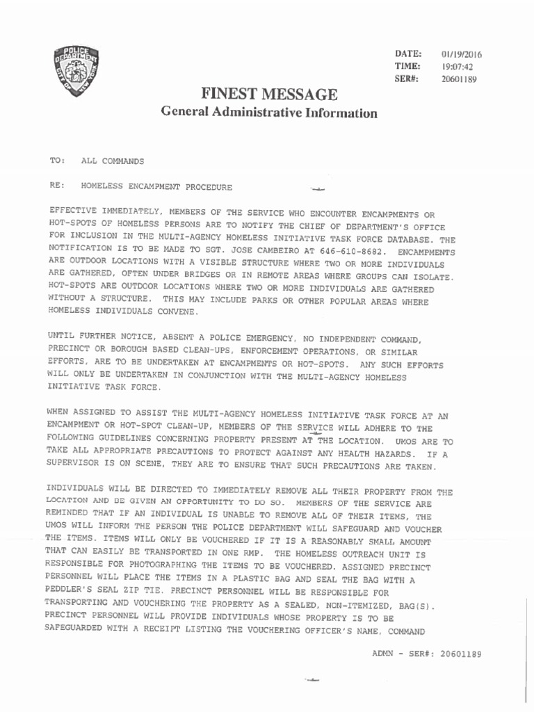 NYPD FINEST Message - Homeless Encampment Procedure | PDF