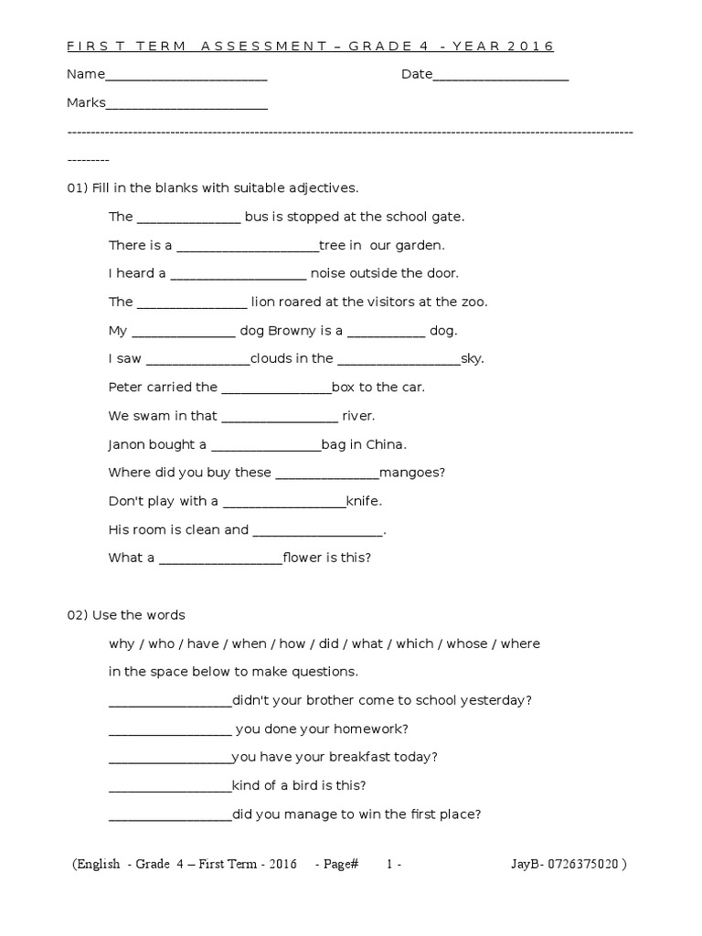 english practice paper grade 4 pdf