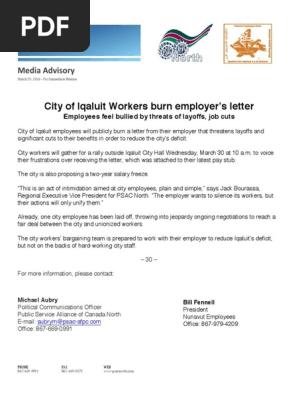 NEU Press Release Iqaluit Letter Burn