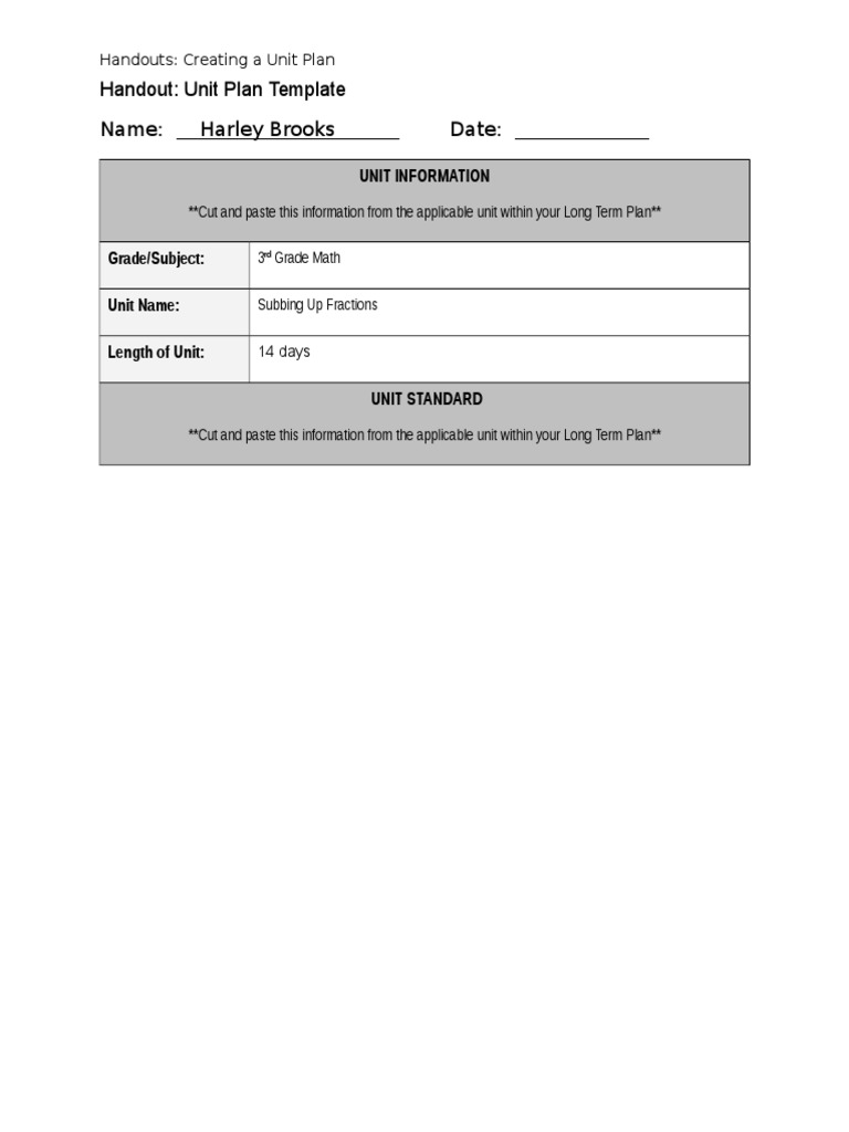 Handout: Unit Plan Template Name: Harley Brooks Date | PDF | Fraction ...